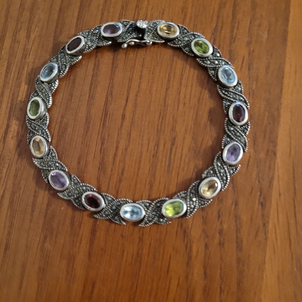 Elegant Vintage Multi-Stone 925 Sterling Silver Bracelet